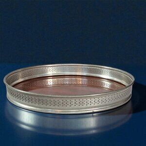 VTG MCM Cherry Grain Formica Pierced Quatrefoil Metal Edge Serving Tray 10 In